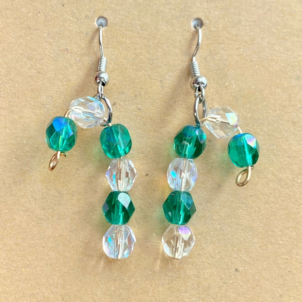 Green & Clear Faceted Beads Candy Cane Earrings